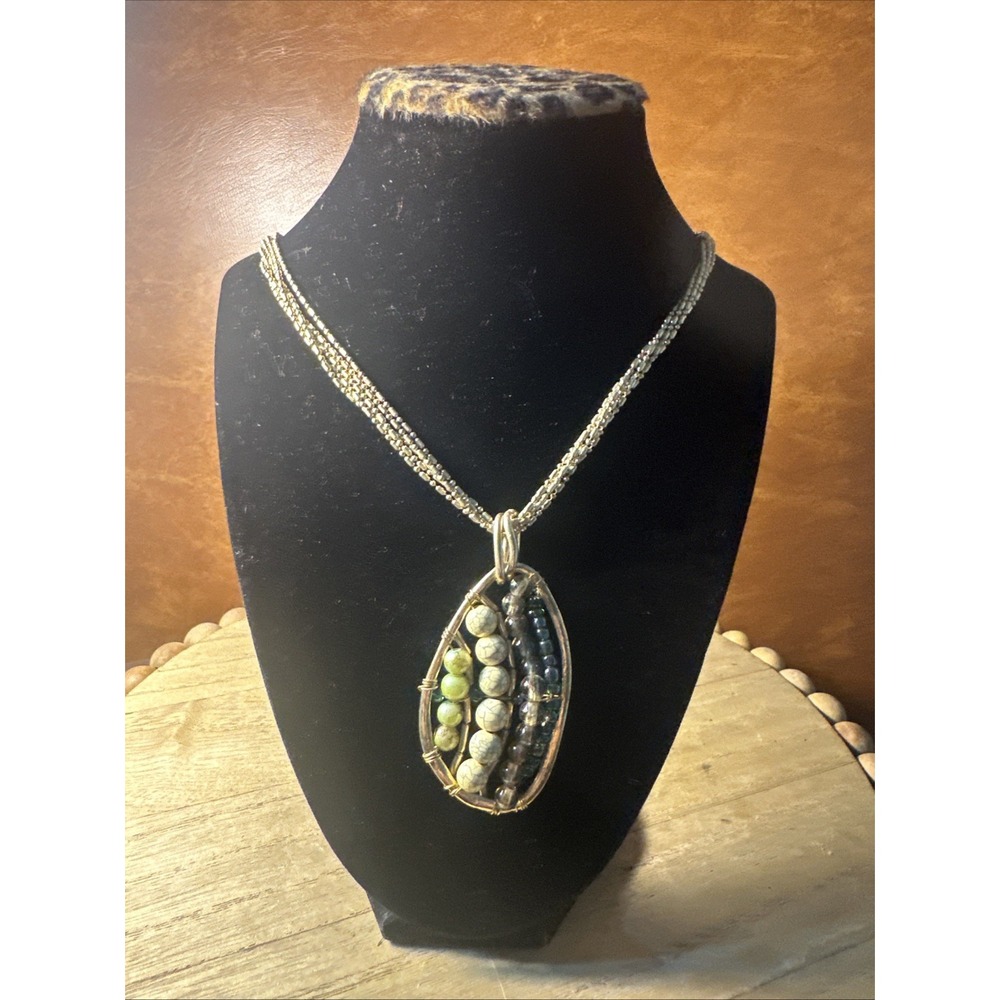 Abstract Teardrop Pendant Necklace Ornate Setting Colorful Beads 20"